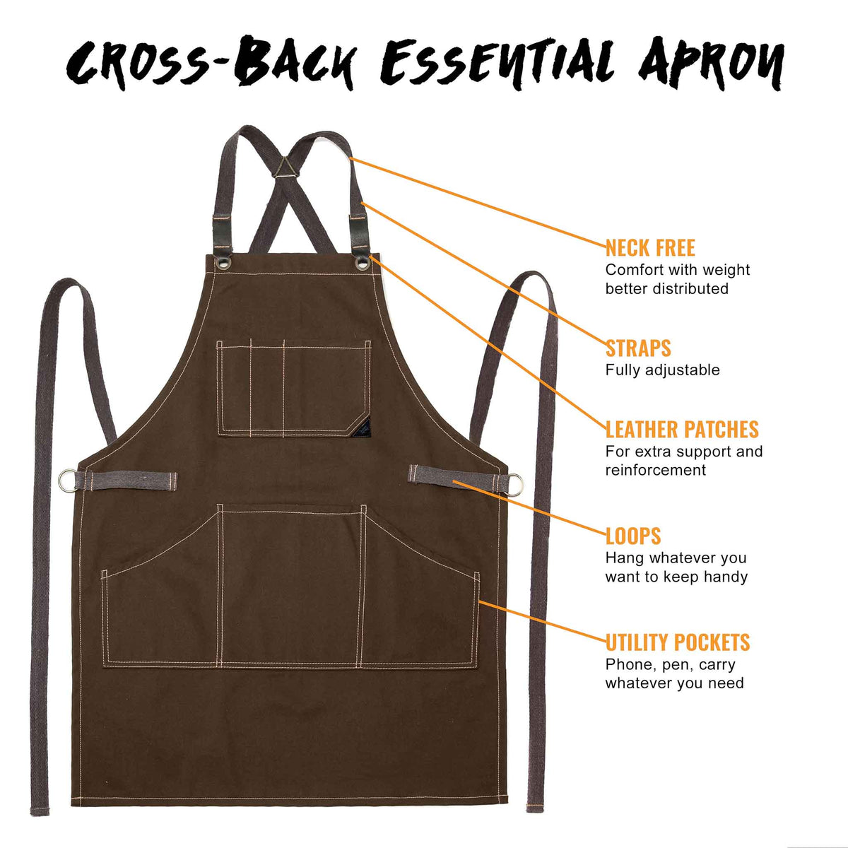 Work Apron - Professional Denim & Twill, Leather Trim, CrossBack, Chef, Bartender, Shop, Server - Under NY Sky