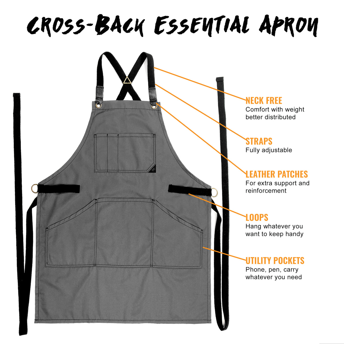 Work Apron - Professional Denim & Twill, Leather Trim, CrossBack, Chef, Bartender, Shop, Server - Under NY Sky