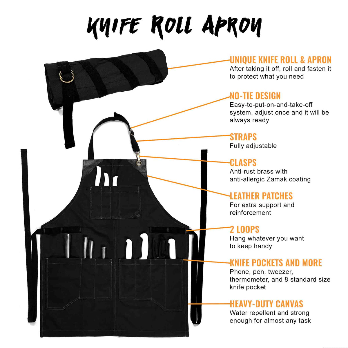 Utility Apron - Heavy-Duty Canvas, Folds into Knife Roll, Leather Trim - Chef, BBQ, Butcher - Under NY Sky 