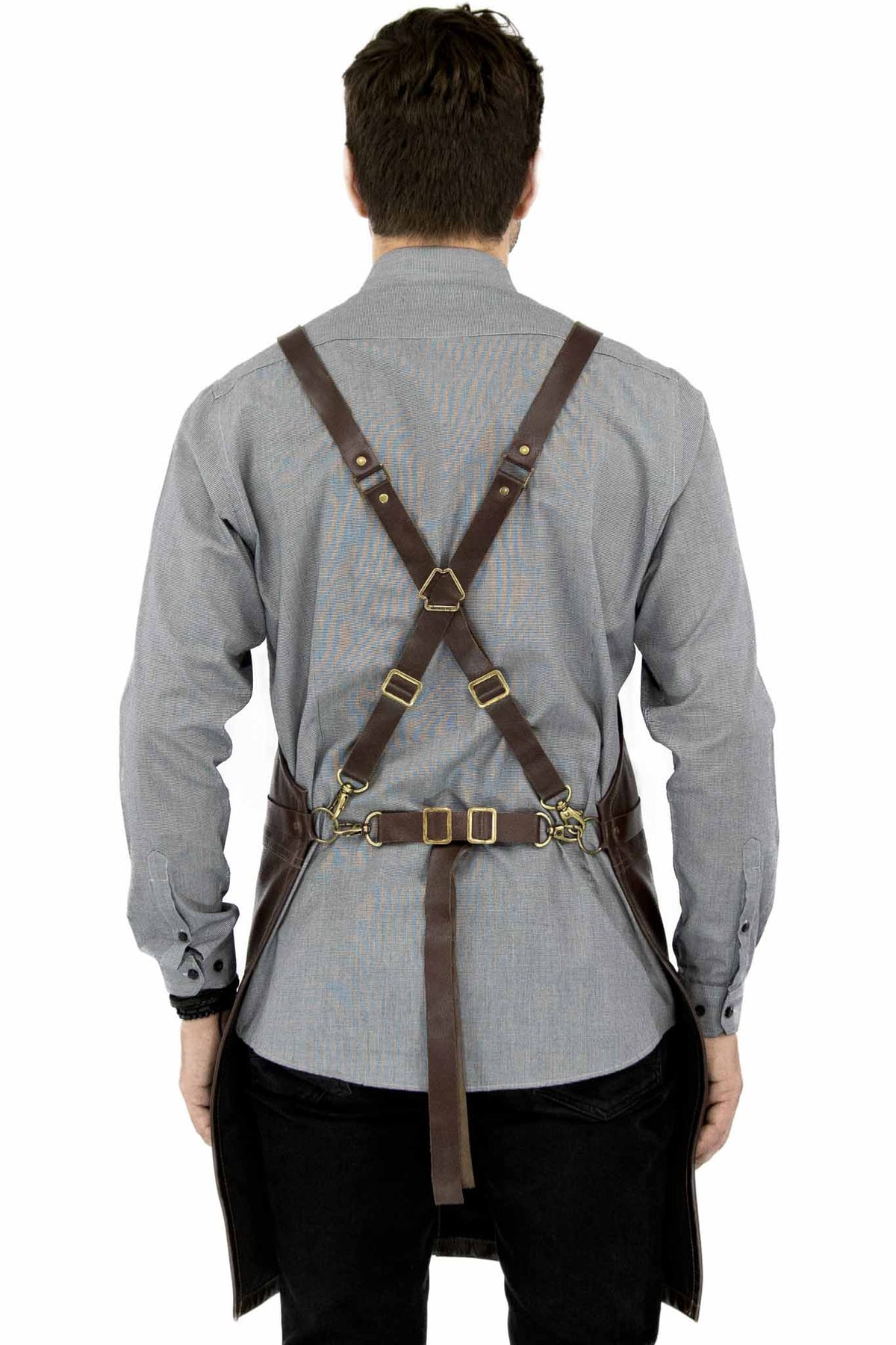 Leather Apron - Real Leather Body, Pockets & Crossback Straps - Split-Leg, Riveted, Lined - Under NY Sky