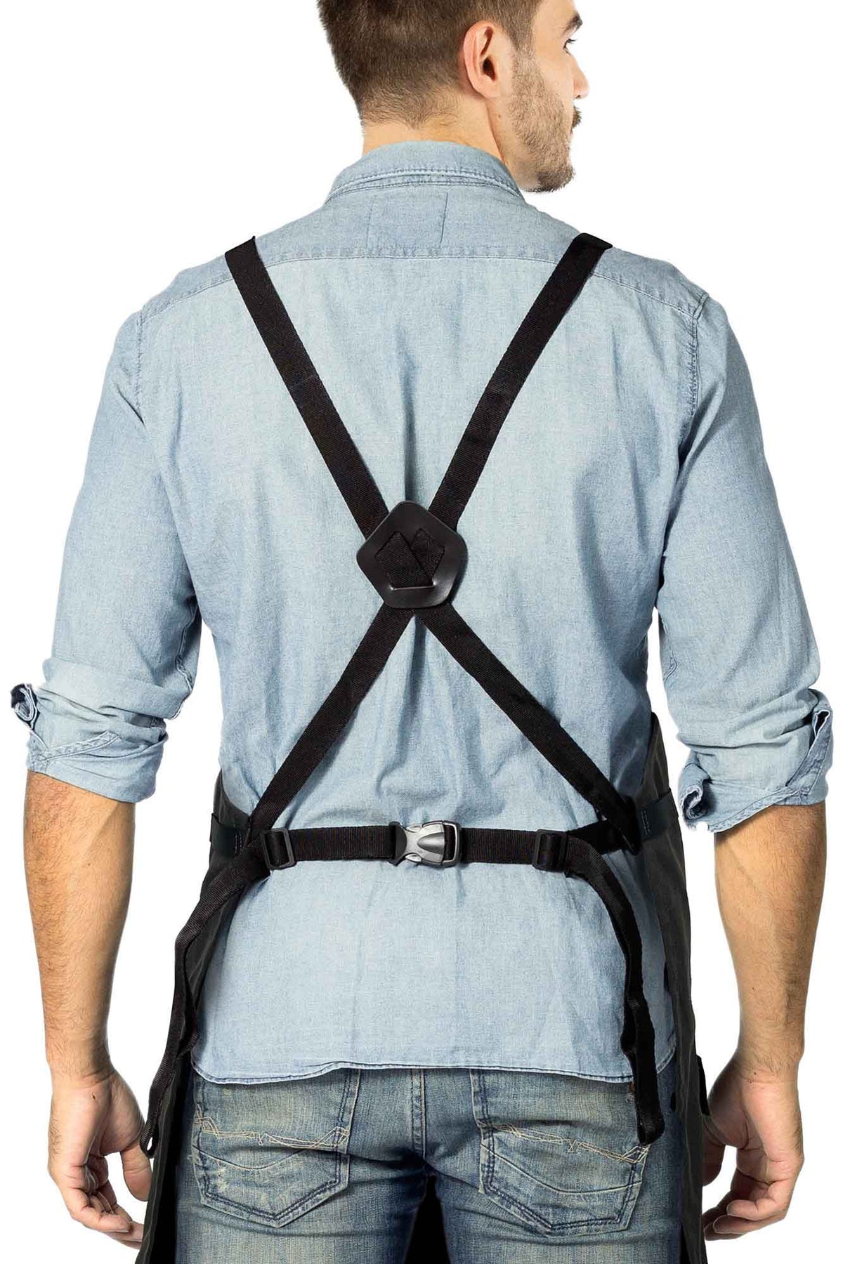 Woodwork Apron - 12 pockets & loops, Waxed Canvas, Cross-Back, Leather Reinforcement - Carpenter, Workshop, Tool - Under Ny Sky