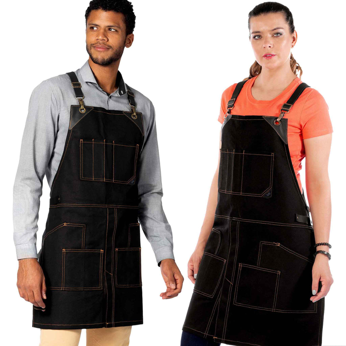 Leather Straps Apron - Denim or Waxed Canvas, CrossBack, Easy-Fastening - Carpenter, Shop, Work - Under NY Sky
