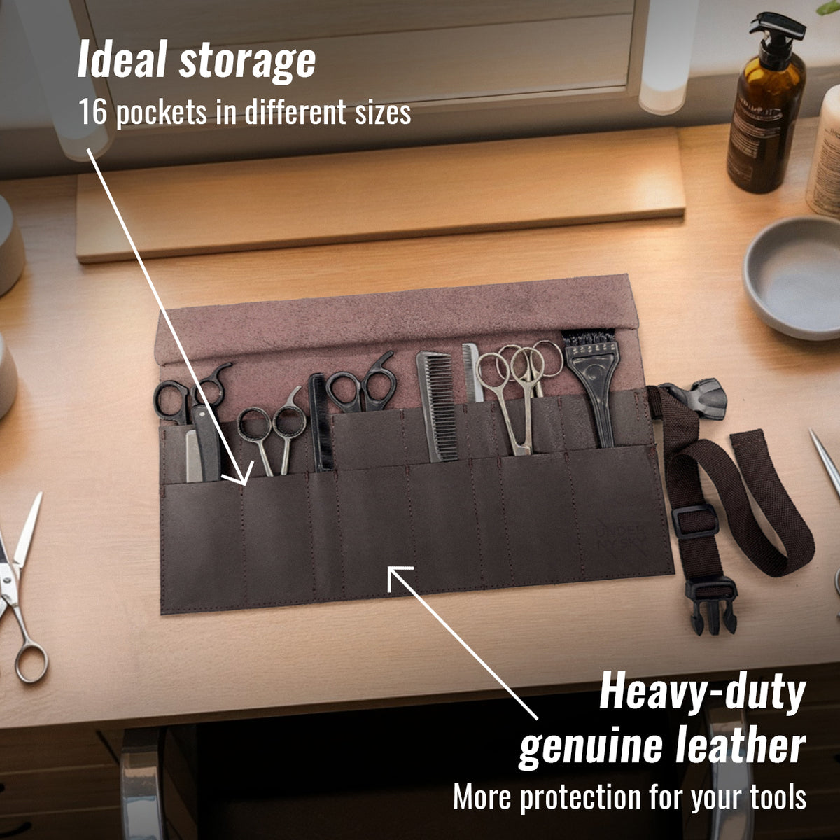Scissors Roll Up Holder – Genuine Leather Pouch Case for Hair Stylists, Barbers & Hairdressers – Organizer for Hair Cutting Shears & Salon Tools -  Under NY Sky