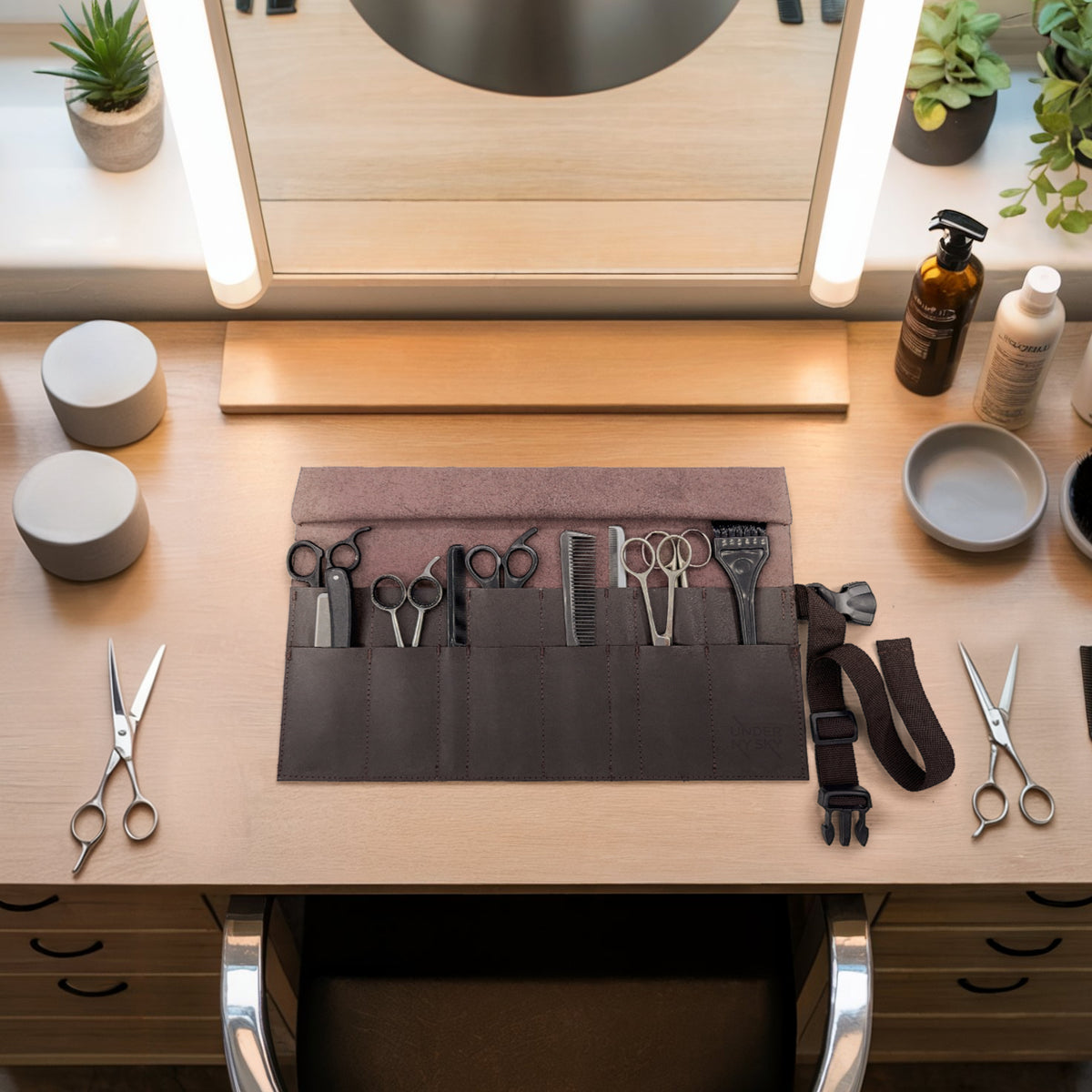 Scissors Roll Up Holder – Genuine Leather Pouch Case for Hair Stylists, Barbers & Hairdressers – Organizer for Hair Cutting Shears & Salon Tools -  Under NY Sky