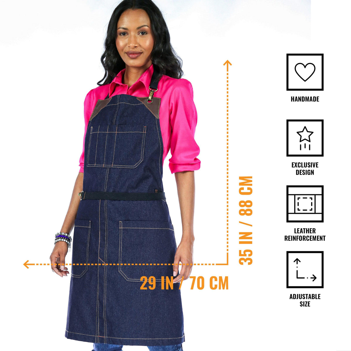 Denim Apron - Easy-Fastening, Leather Trim, Adjustable - Chef, Bartender, BBQ, Shop, Barber, Salon - Under NY Sky