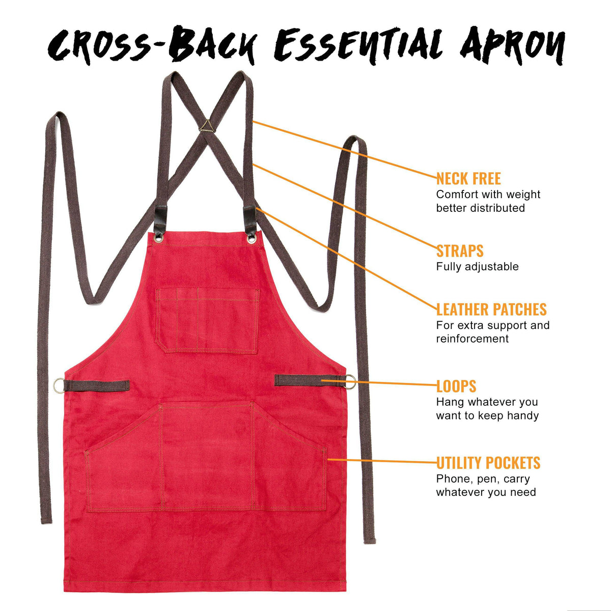 Work Apron - Professional Denim & Twill, Leather Trim, CrossBack, Chef, Bartender, Shop, Server - Under NY Sky