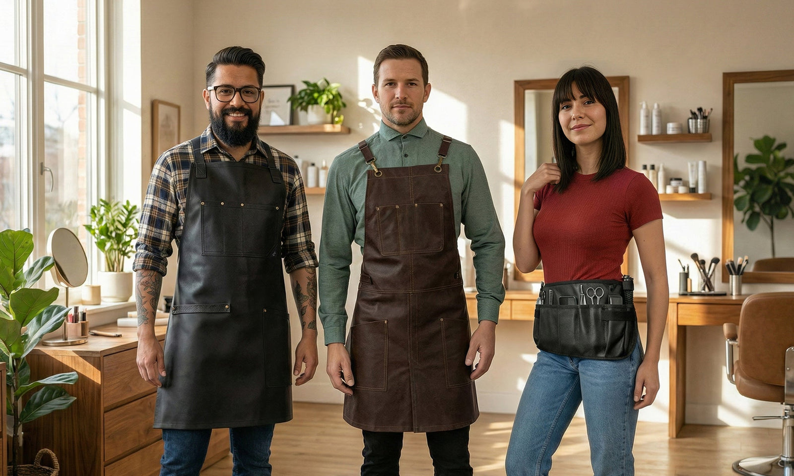 three professionals wearing aprons in leather at a salon