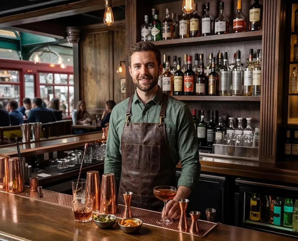 Professional cross-back leather apron repelling spilled liquids during a busy bartender shift.