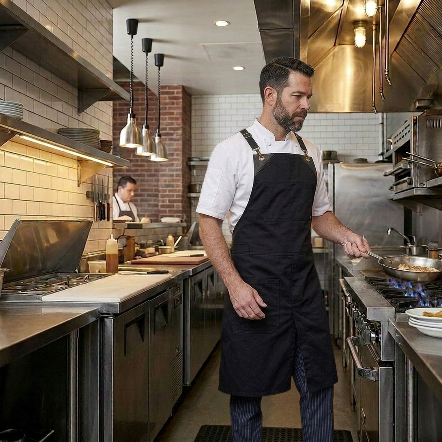Chef cooking using a split-leg apron