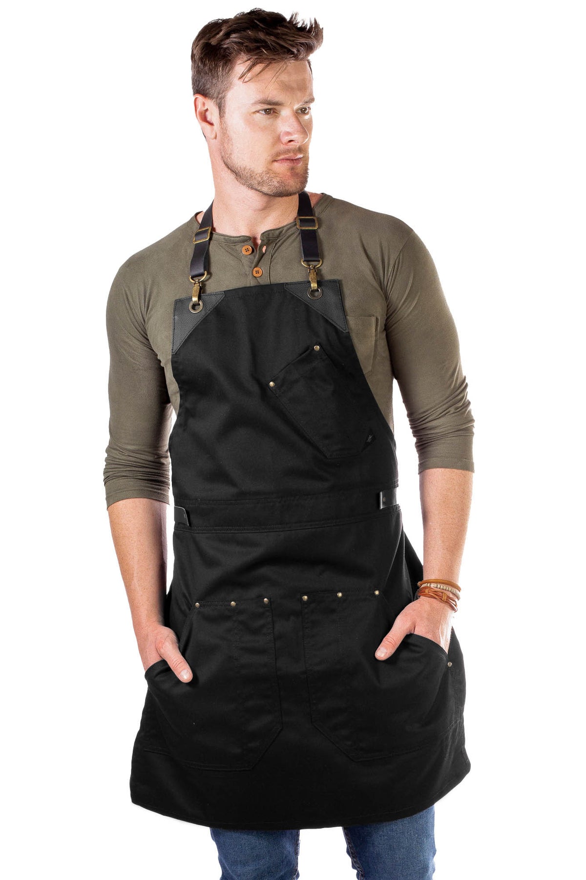 Barista Apron - Leather Straps &amp; Loops - Double Stitched  - Chef, Cook, Barista, Bartender - Under NY Sky