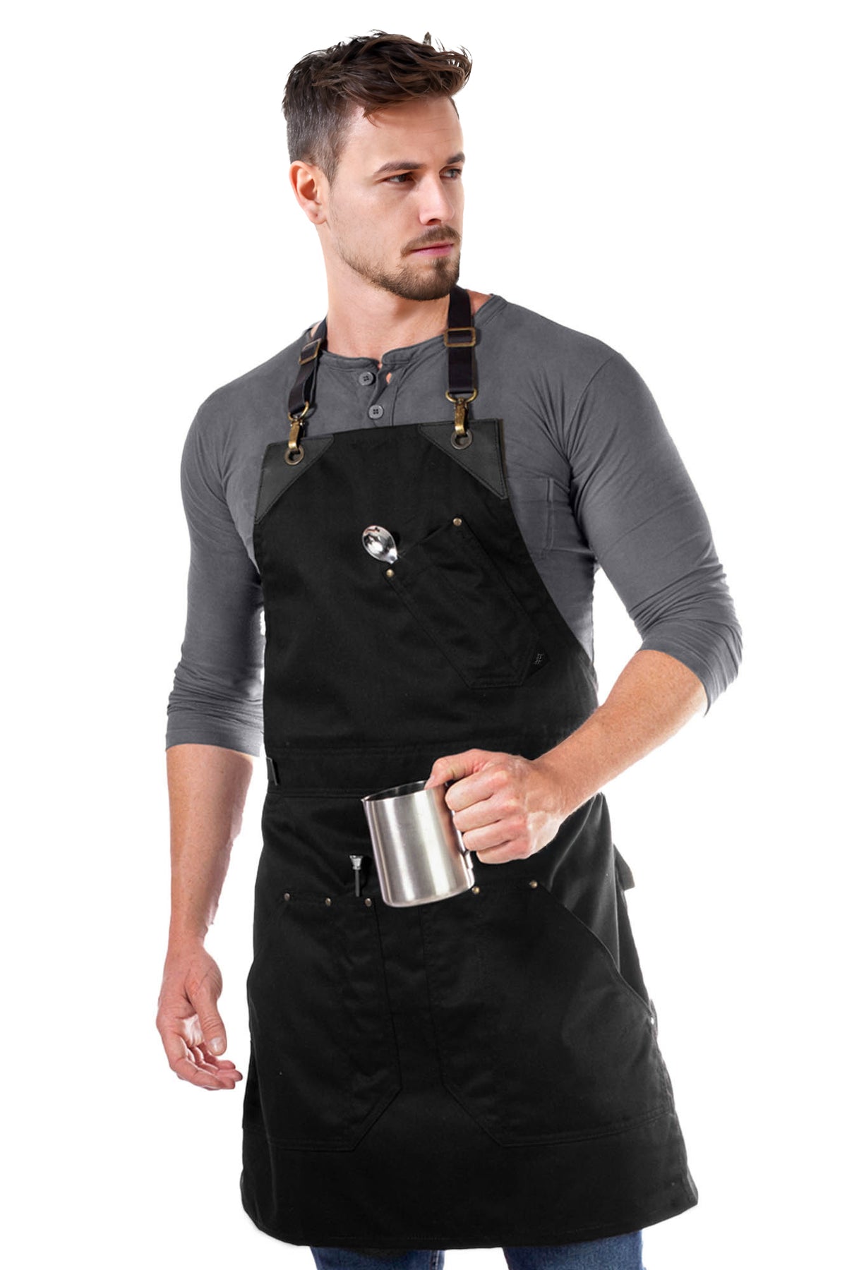 Barista Apron - Leather Straps &amp; Loops - Double Stitched  - Chef, Cook, Barista, Bartender -  Under NY Sky