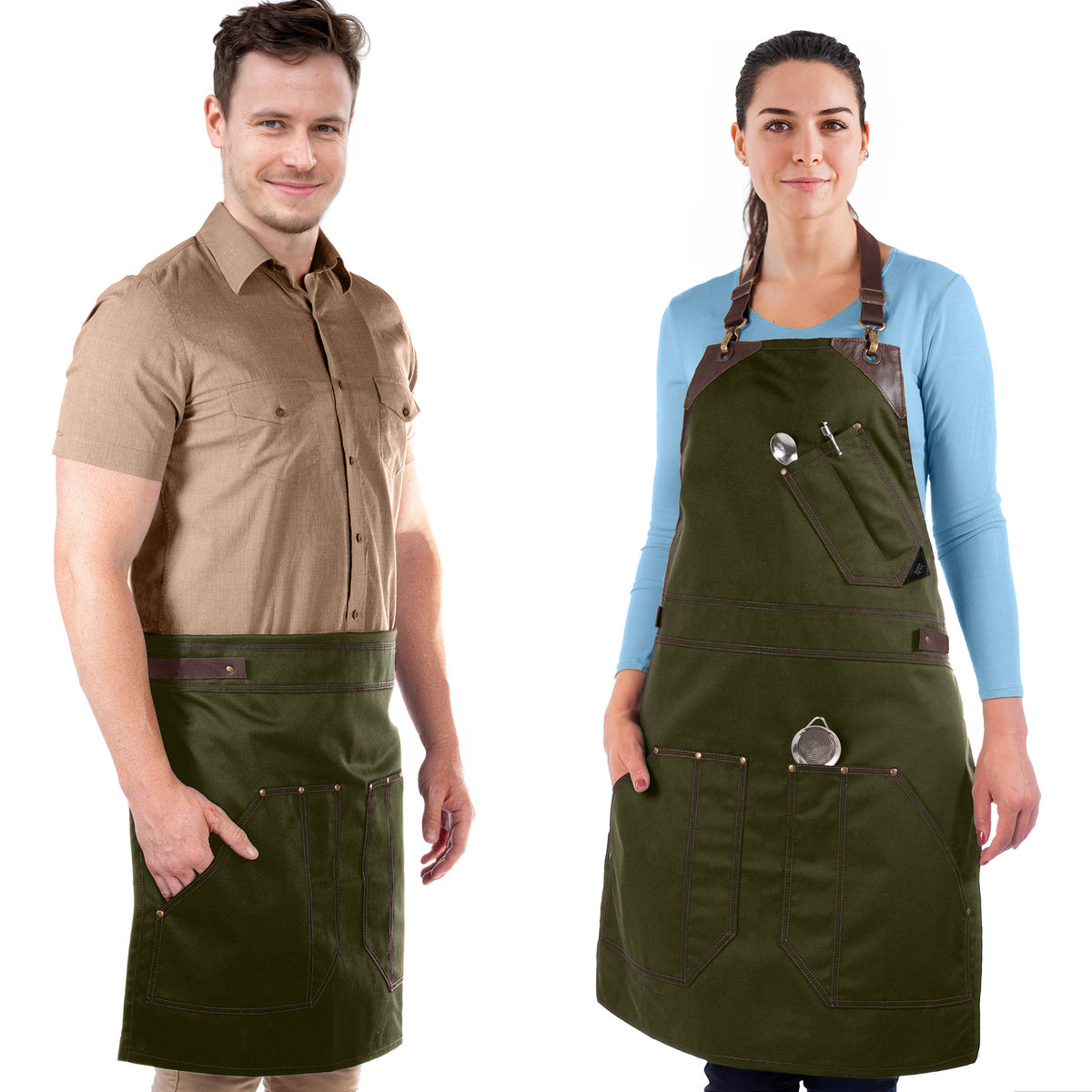 Barista Apron - Leather Straps &amp; Loops - Double Stitched  - Chef, Cook, Barista, Bartender -  Under NY Sky