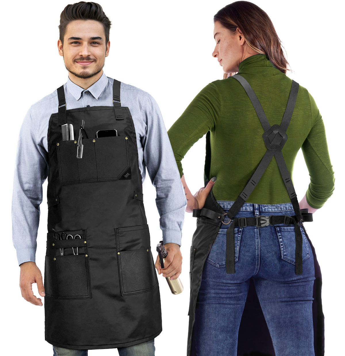 Barber Apron - Leather Straps, Pockets, Loops &amp; Reinforcements - Crossback - Water Resistant - Under NY Sky