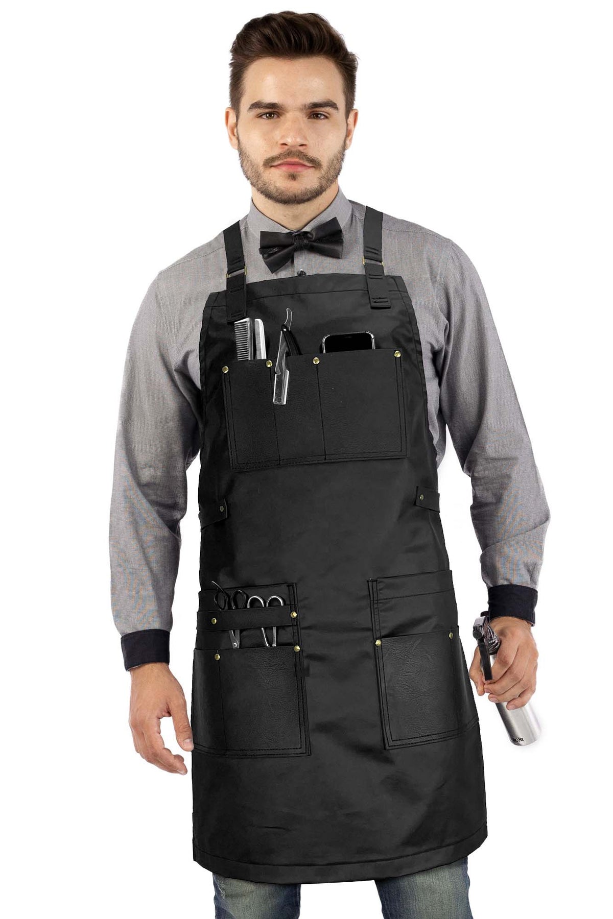 Barber Apron - Leather Straps, Pockets, Loops &amp; Reinforcements - Crossback - Water Resistant - Under NY Sky