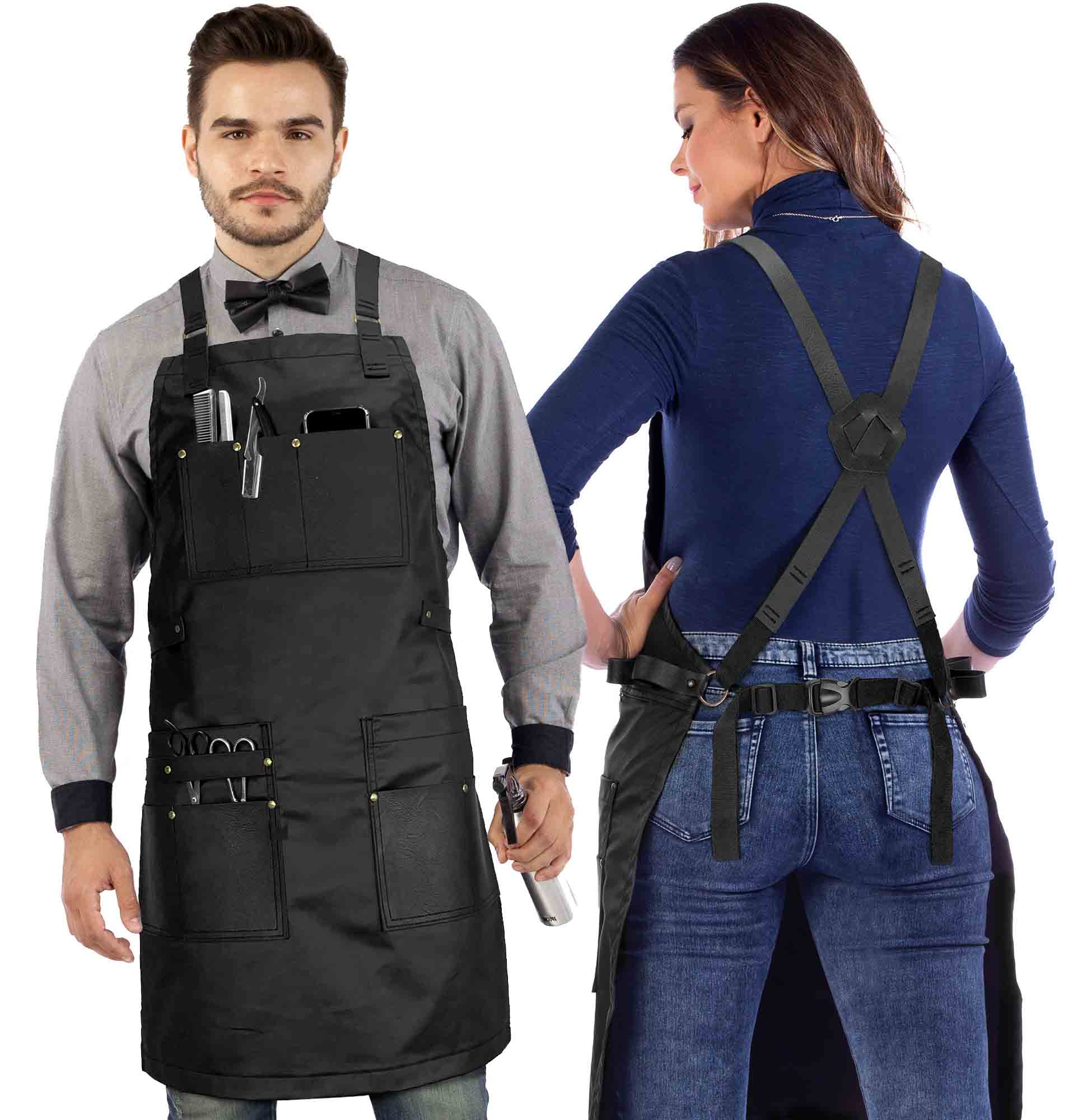 Barber Apron - Leather Straps, Pockets, Loops & Reinforcements - Crossback - Water Resistant - Under NY Sky
