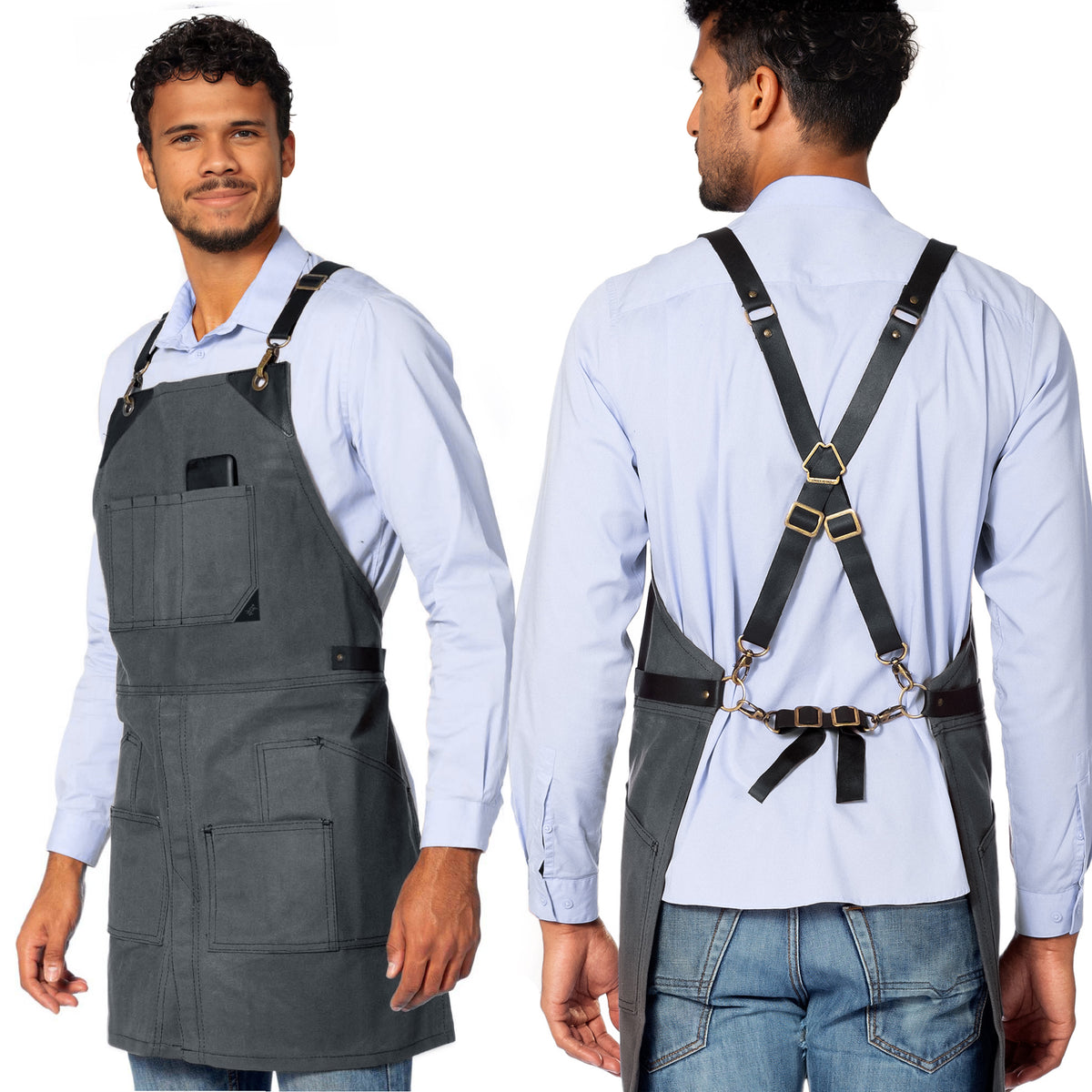 Leather Straps Apron - Denim or Waxed Canvas, CrossBack, Easy-Fastening - Carpenter, Shop, Work