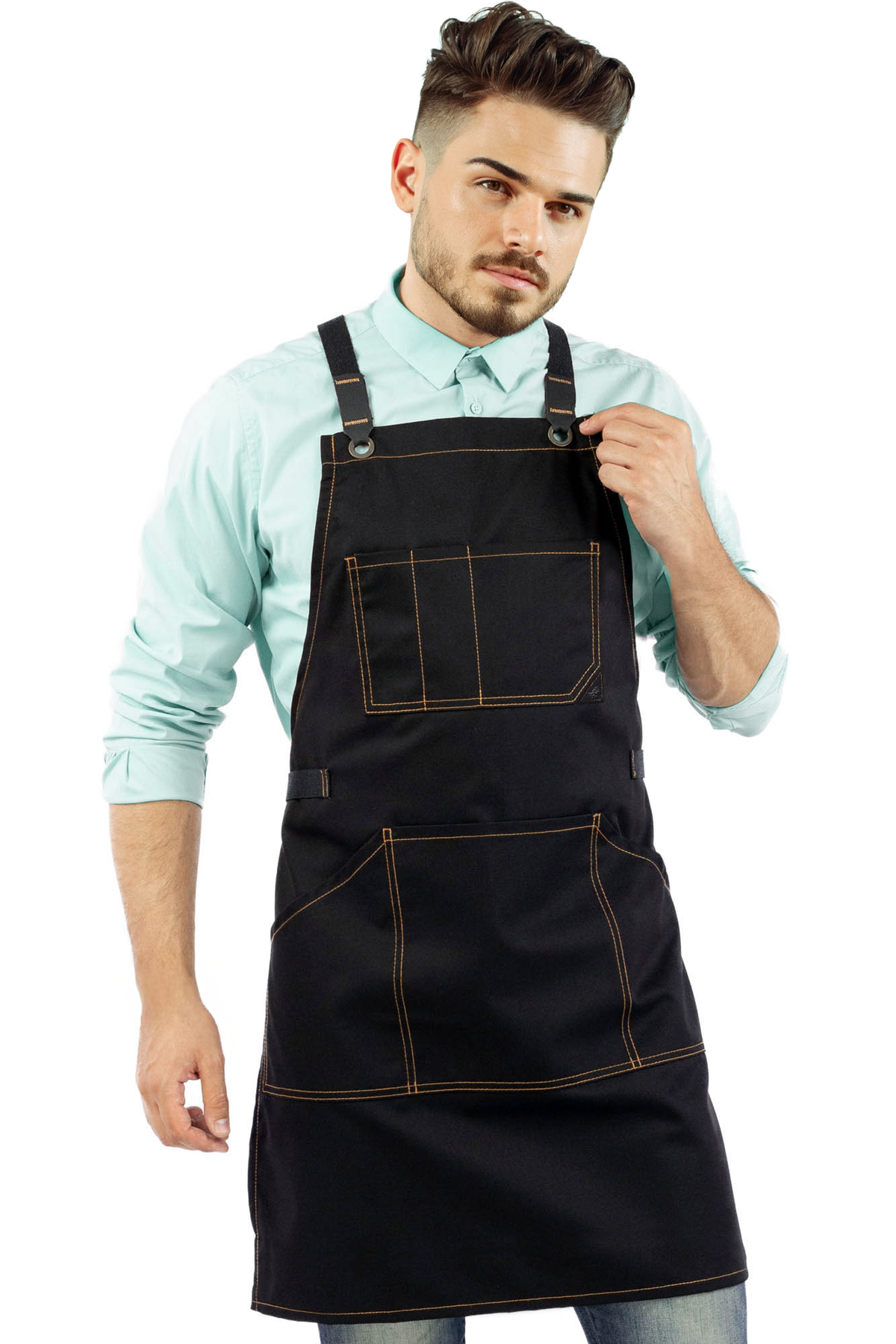 Work Apron - Professional Denim &amp; Twill, Leather Trim, CrossBack, Chef, Bartender, Shop, Server - Under NY Sky