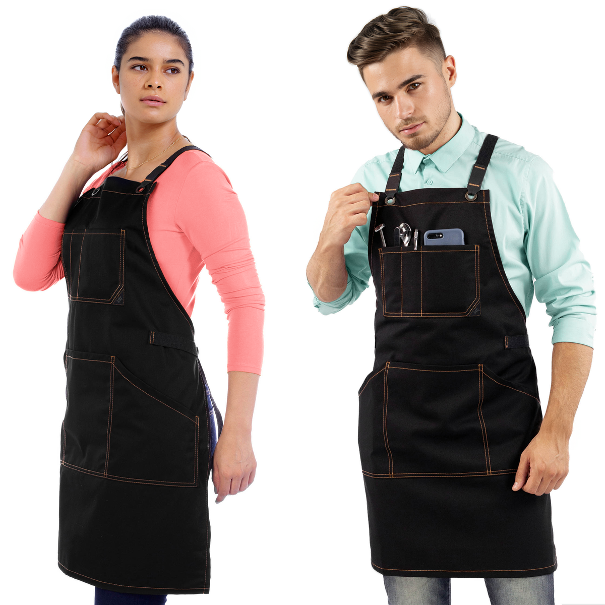 Work Apron - Professional Denim &amp; Twill, Leather Trim, CrossBack, Chef, Bartender, Shop, Server - Under NY Sky