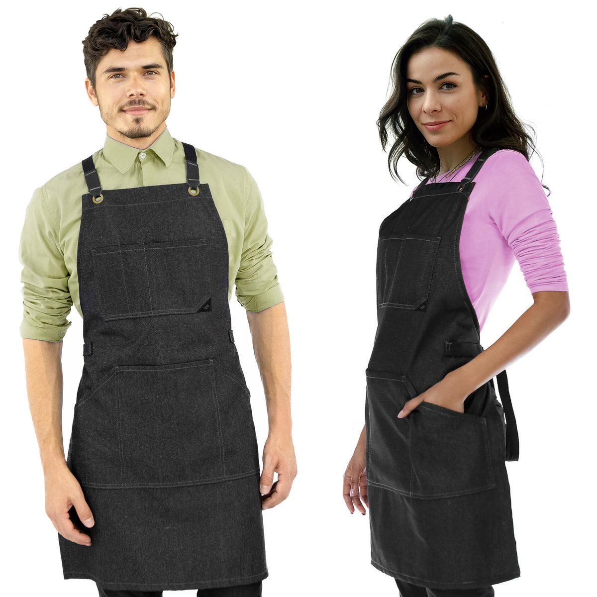 Work Apron - Professional Denim &amp; Twill, Leather Trim, CrossBack, Chef, Bartender, Shop, Server - Under NY Sky