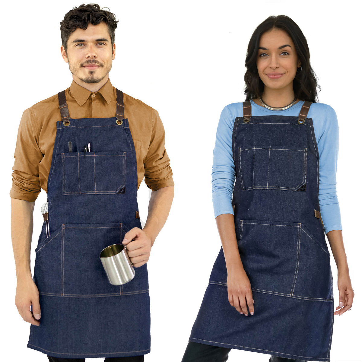 Work Apron - Professional Denim &amp; Twill, Leather Trim, CrossBack, Chef, Bartender, Shop, Server - Under NY Sky