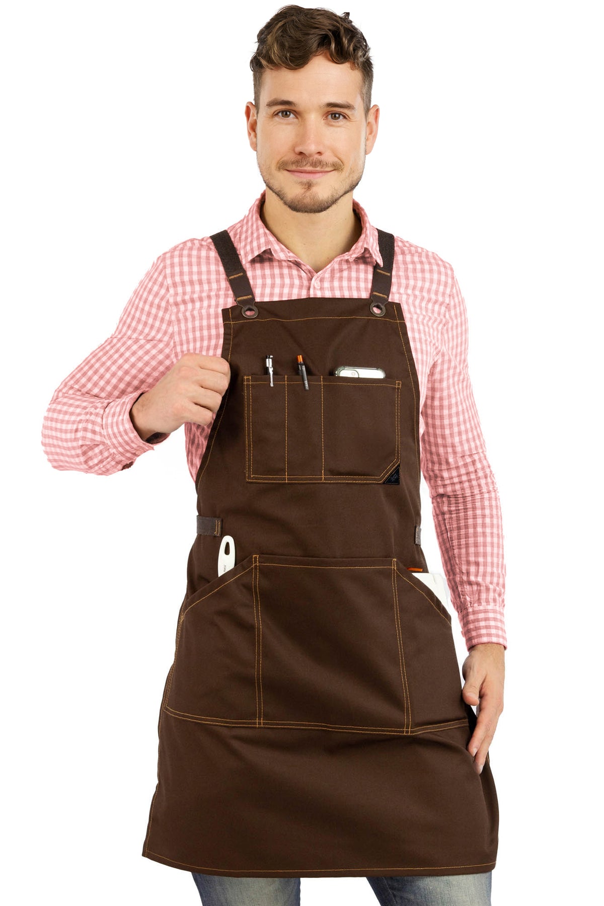 Work Apron - Professional Denim &amp; Twill, Leather Trim, CrossBack, Chef, Bartender, Shop, Server - Under NY Sky