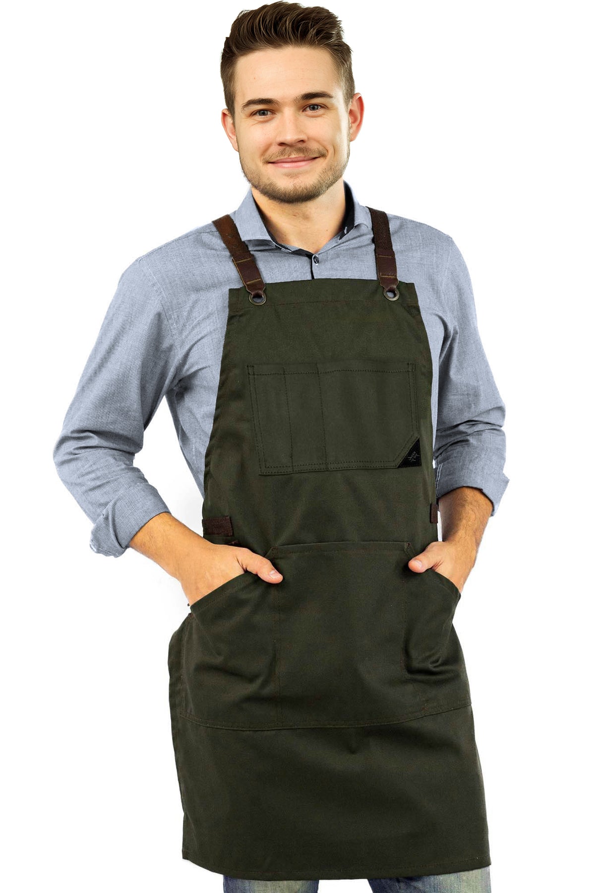 Work Apron - Professional Denim &amp; Twill, Leather Trim, CrossBack, Chef, Bartender, Shop, Server - Under NY Sky