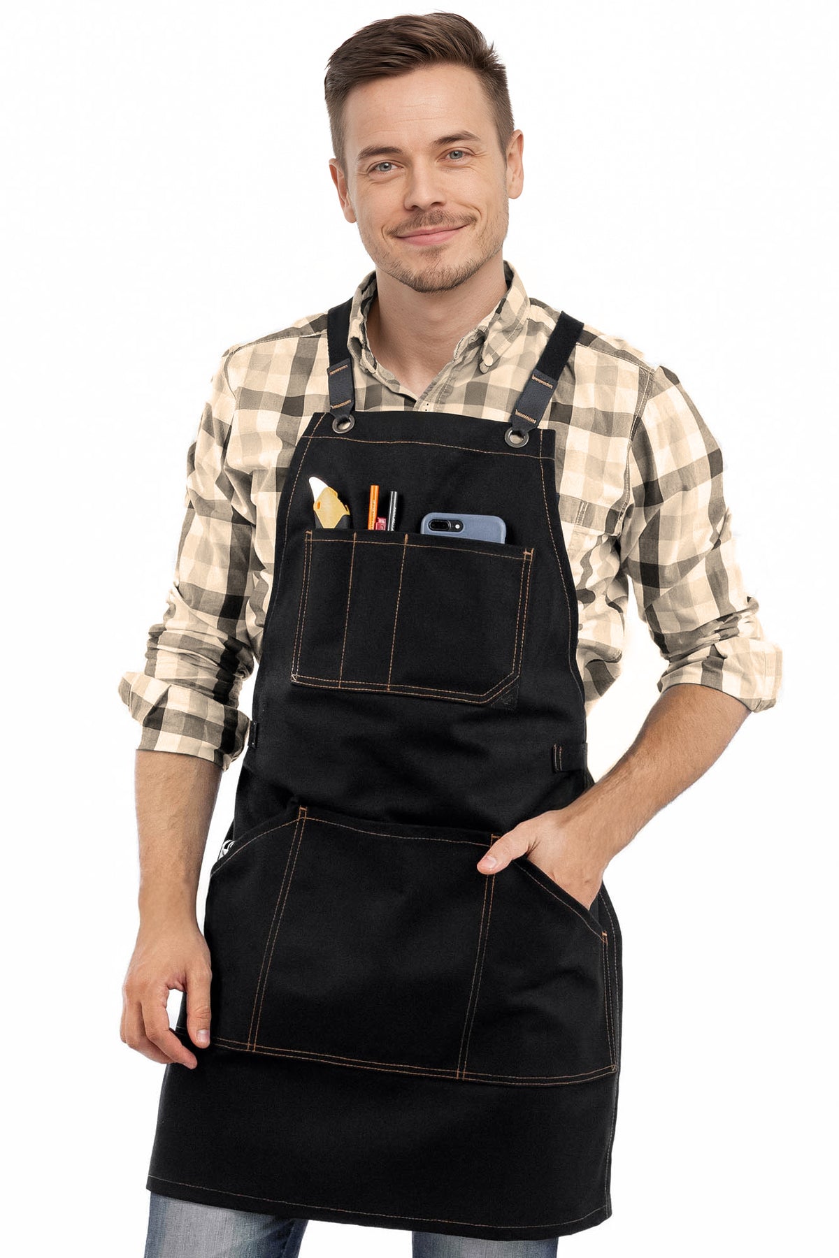 Work Apron - Waxed Canvas, Tool Pockets, CrossBack, Heavy-Duty, Chef, Woodwork, BBQ, Shop - Under NY Sky