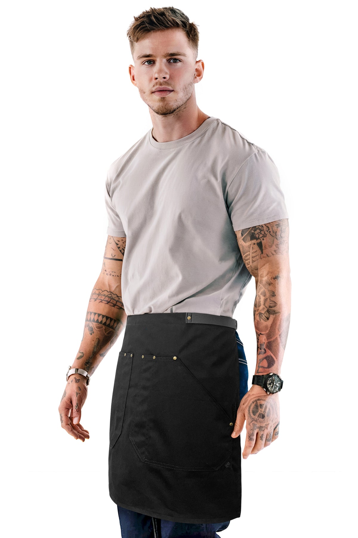 Half Barista Apron - Leather Strap and Loop - Riveted - Restaurant, Waiter, Bartender, Server - Under NY Sky