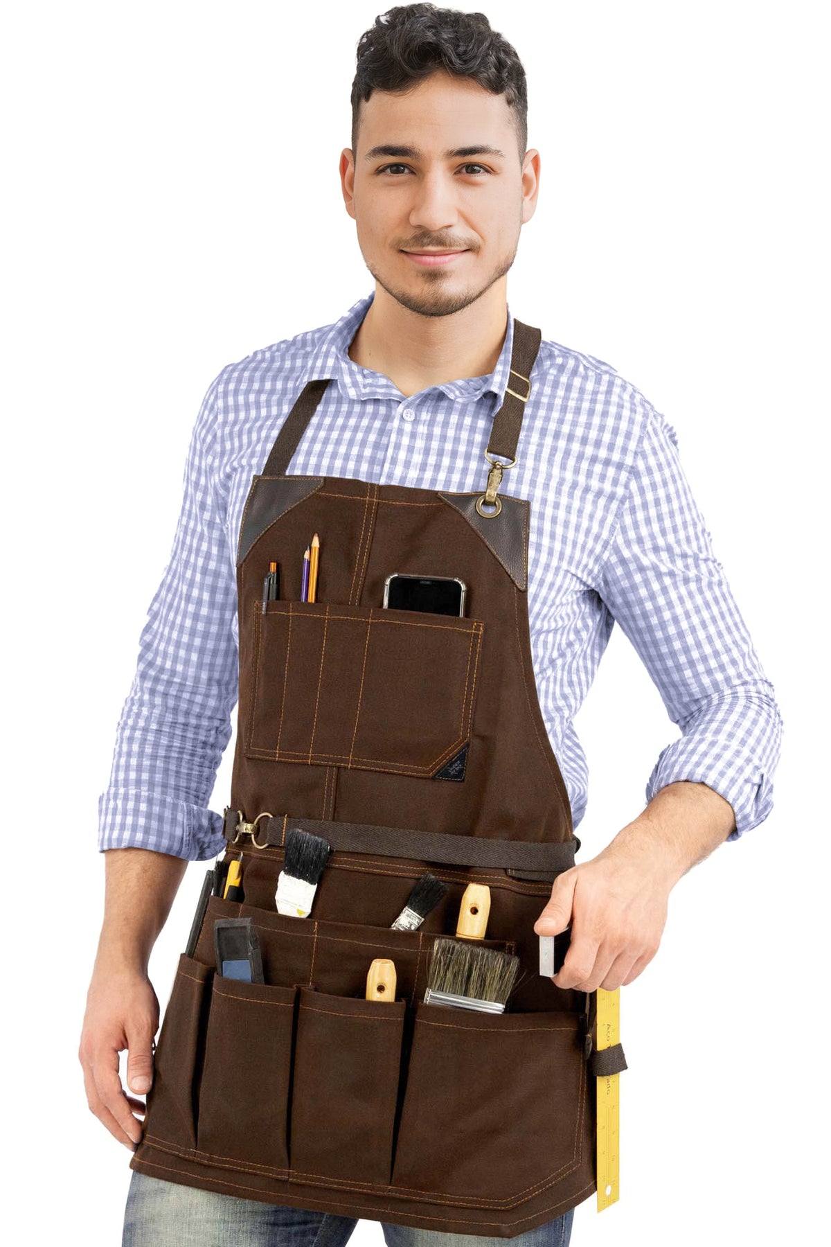 Tool Apron - 12 Pockets, Heavy-Duty Waxed Canvas, Leather Trim, NoTie - Woodwork, Garden, Shop - Under NY Sky