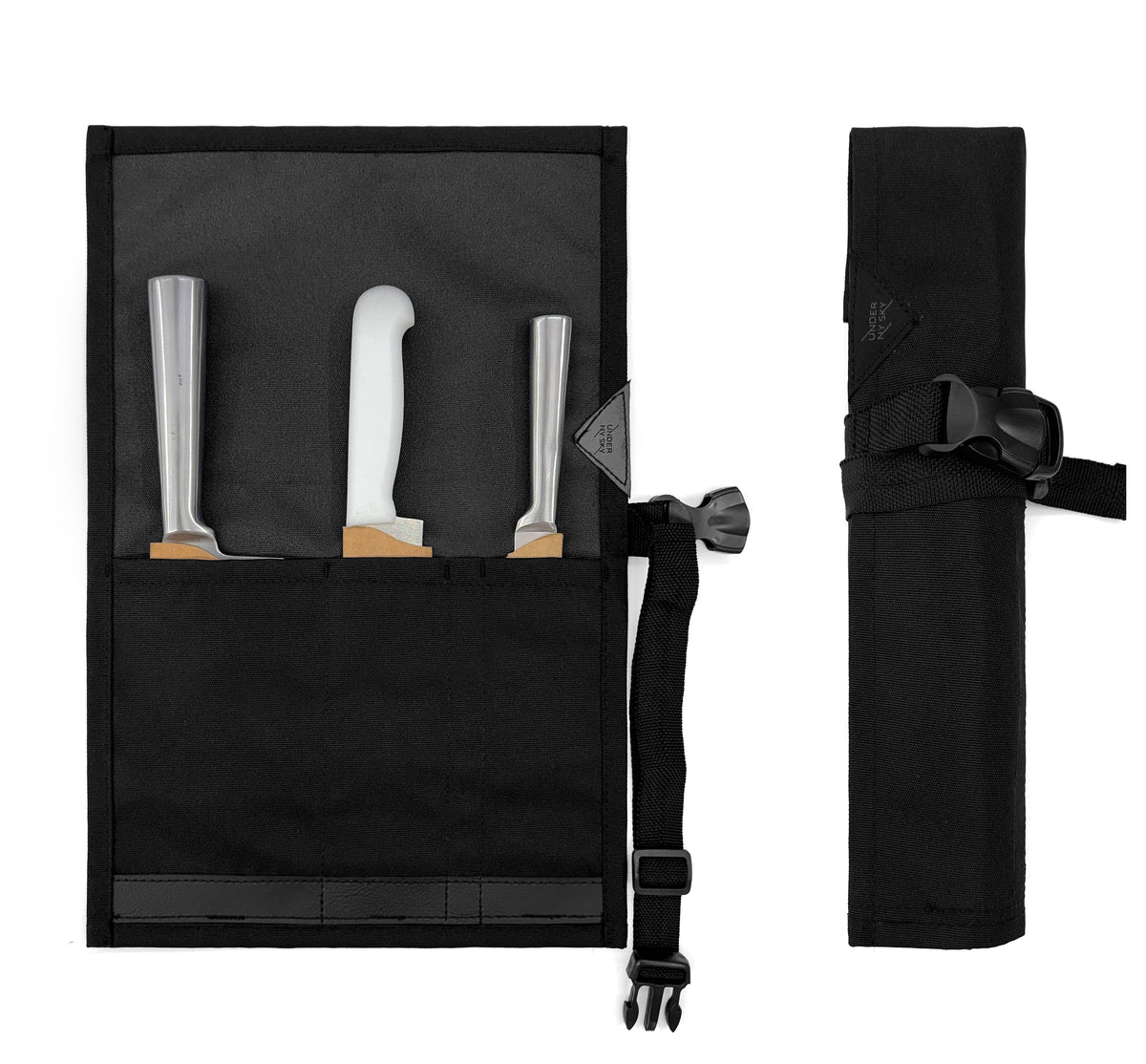 Knife Roll Case - 1 to 6 Slots - Oxford Canvas Pouch, Leather Reinforced - Portable for Cooking Tools, Utensils, Cutlery Knives -  Under NY Sky