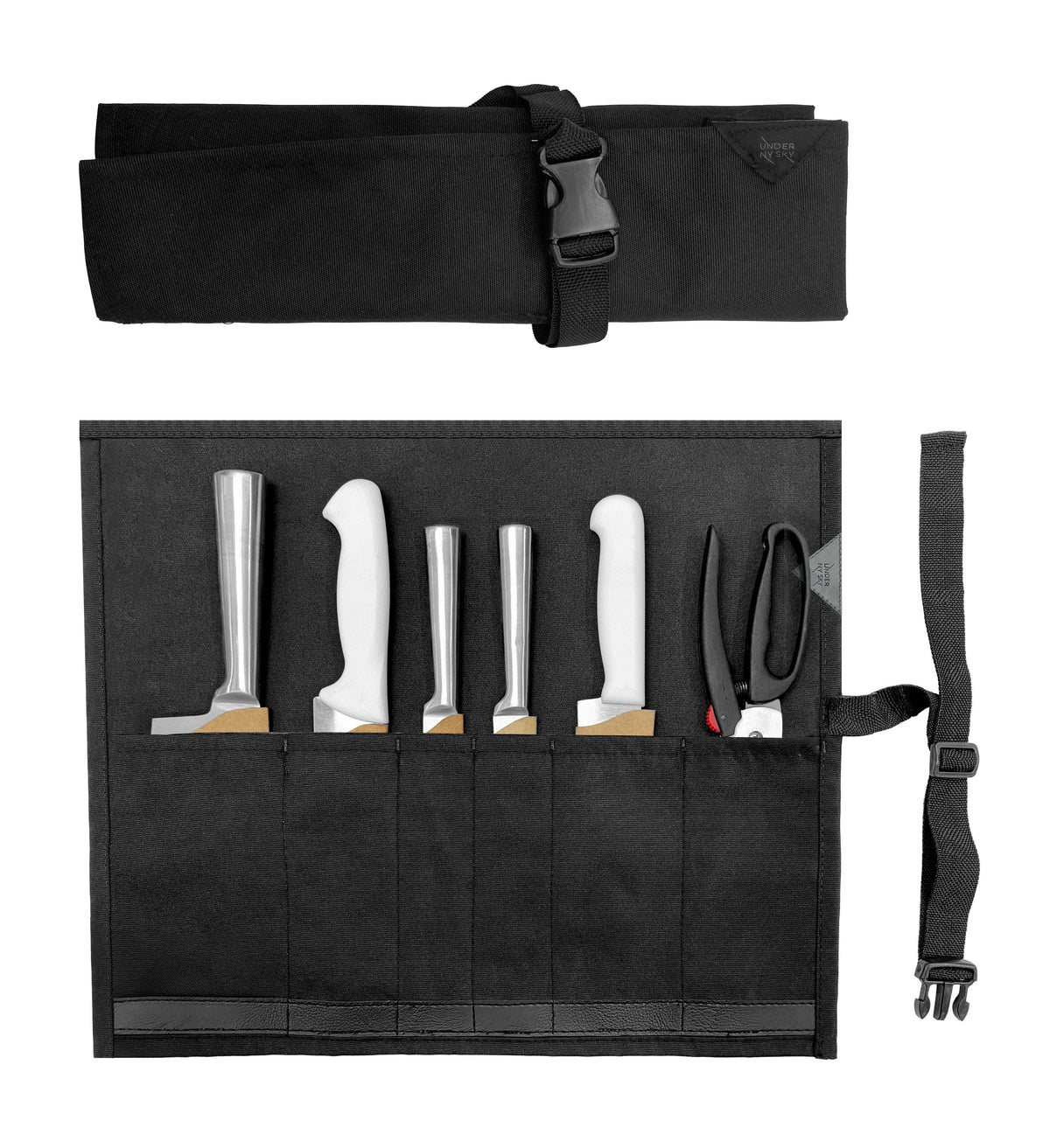 Knife Roll Case - 1 to 6 Slots - Oxford Canvas Pouch, Leather Reinforced - Portable for Cooking Tools, Utensils, Cutlery Knives -  Under NY Sky