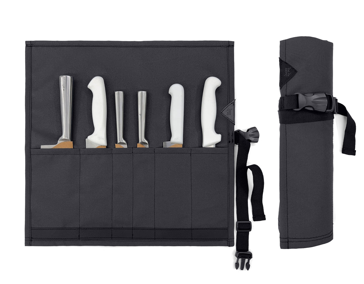 Knife Roll Case - 1 to 6 Slots - Oxford Canvas Pouch, Leather Reinforced - Portable for Cooking Tools, Utensils, Cutlery Knives -  Under NY Sky