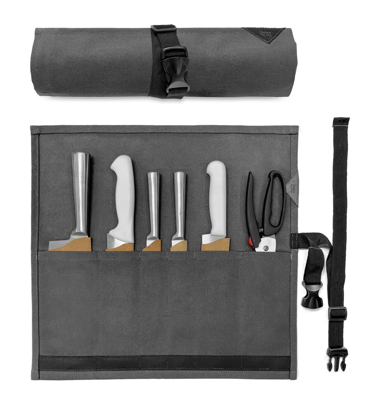 Knife Roll Case - 6 Slots - Waxed Canvas Pouch, Leather Reinforced - Portable for Cooking Tools, Utensils, Cutlery Knives -  Under NY Sky