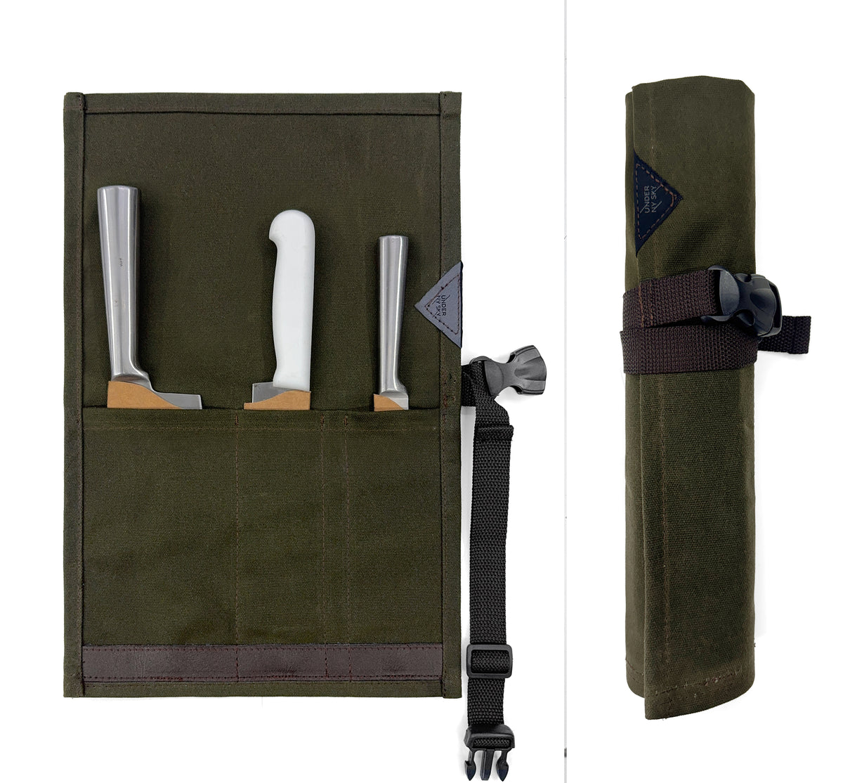 Knife Roll Case - 1 to 6 Slots - Waxed Canvas Pouch, Leather Reinforced - Portable for Cooking Tools, Utensils, Cutlery Knives -  Under NY Sky
