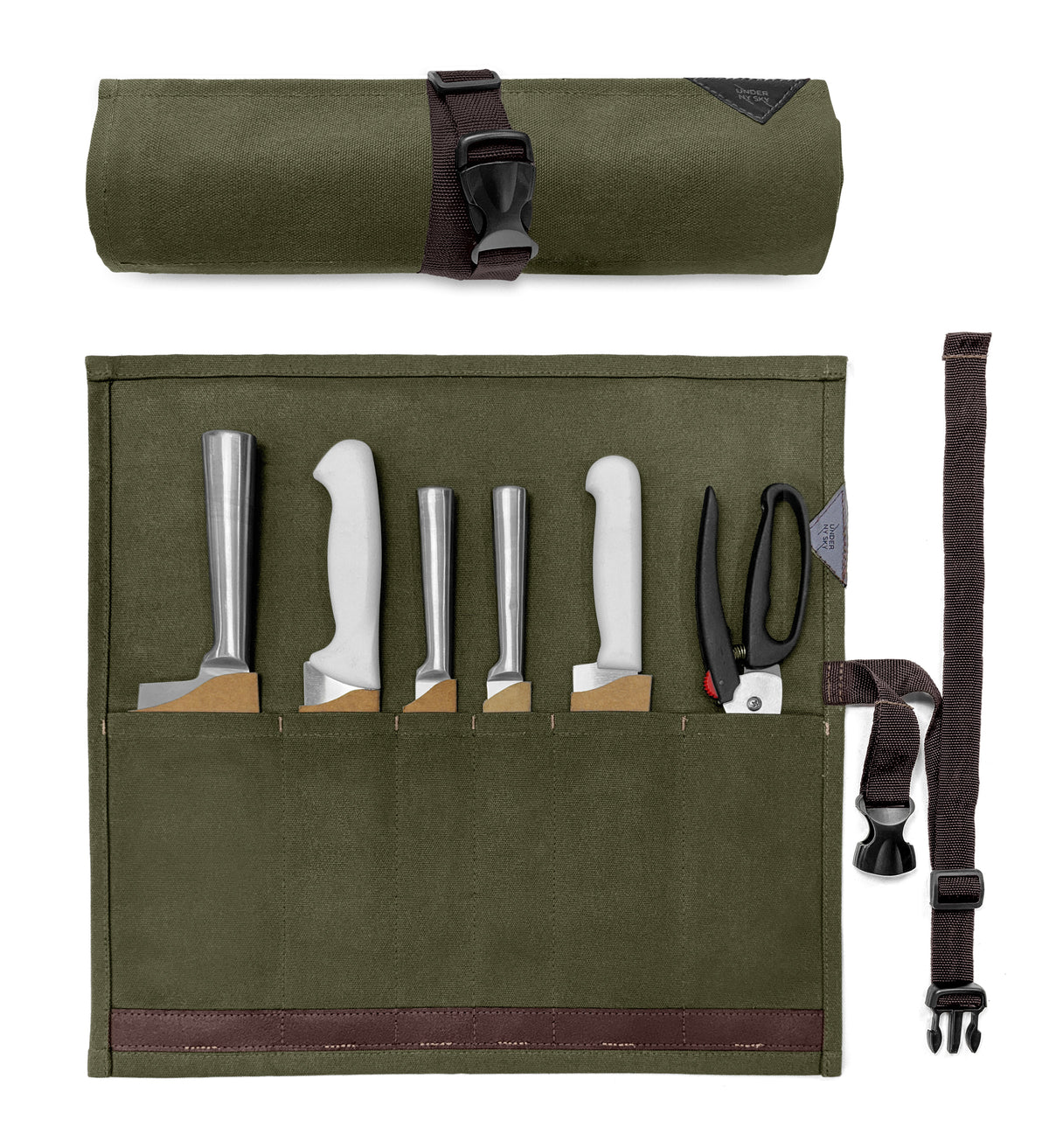 Knife Roll Case - 6 Slots - Waxed Canvas Pouch, Leather Reinforced - Portable for Cooking Tools, Utensils, Cutlery Knives -  Under NY Sky