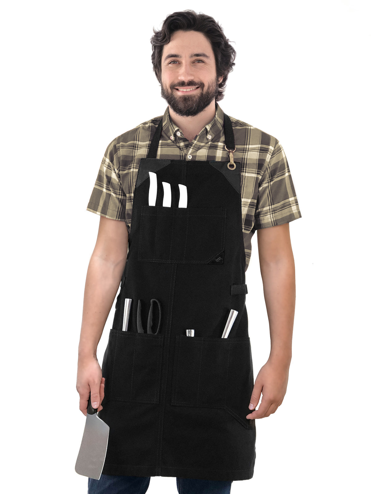 Utility Apron - Heavy-Duty Canvas, Folds into Knife Roll, Leather Trim - Chef, BBQ, Butcher - Under NY Sky 