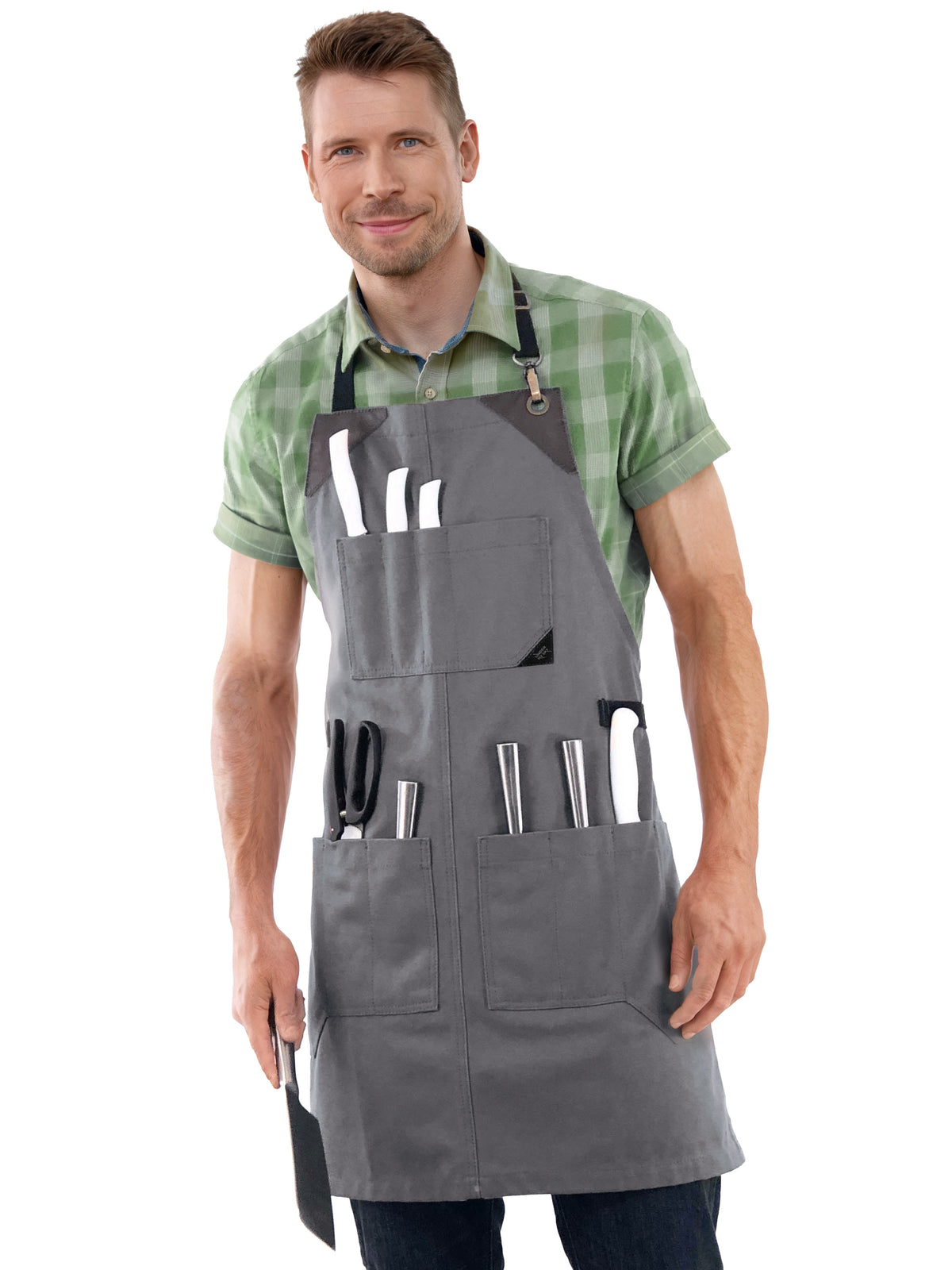 Utility Apron - Heavy-Duty Canvas, Folds into Knife Roll, Leather Trim - Chef, BBQ, Butcher - Under NY Sky 