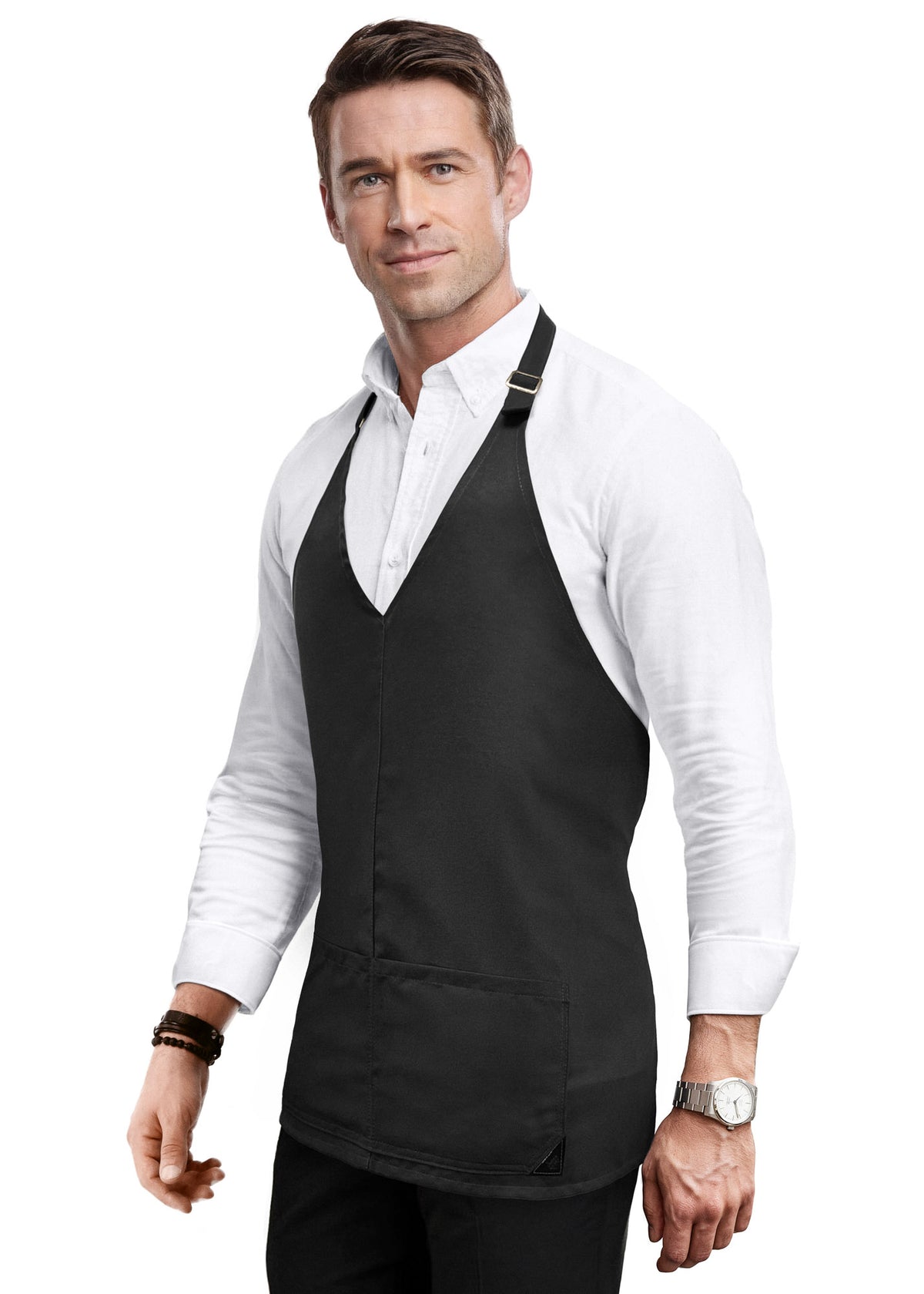 V Neck Short Apron - Tuxedo Style - Lightweight, 3 Pockets - Server, Waiter, Bistro, Restaurant - Under NY Sky