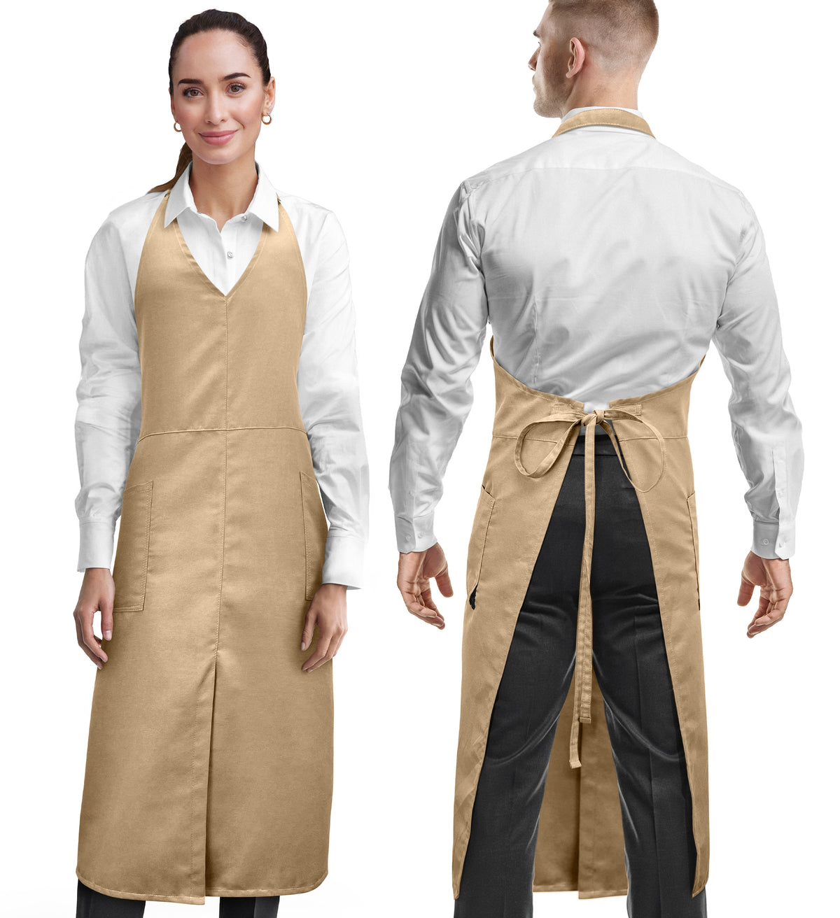 V Neck Long Apron Tuxedo Style - Front Slit, 2 Pockets - Server, Waiter, Chef, Bistrot, Restaurant -  Under NY Sky