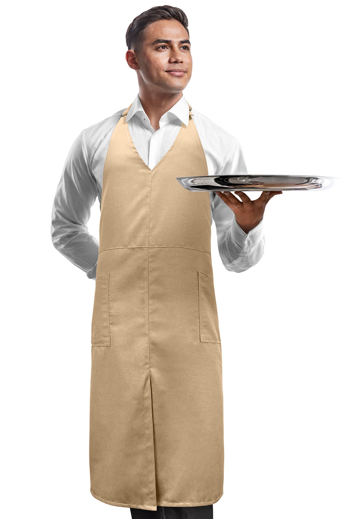 V Neck Long Apron Tuxedo Style - Front Slit, 2 Pockets - Server, Waiter, Chef, Bistrot, Restaurant -  Under NY Sky