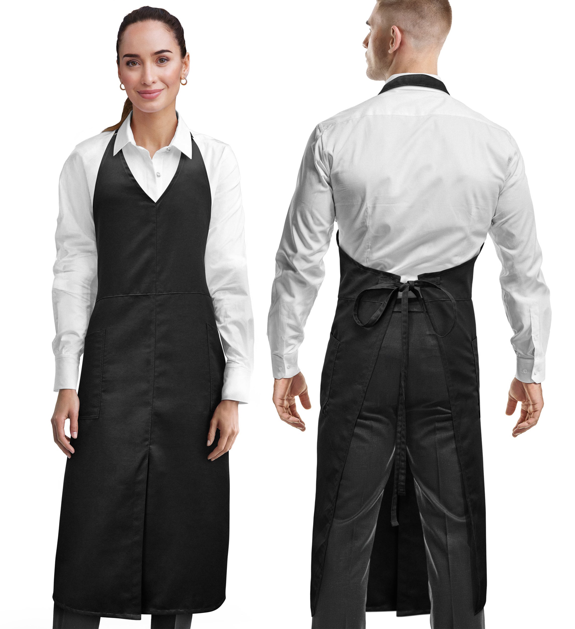V Neck Long Apron - Front Slit, 2 Pockets, Waiter, Chef, Restaurant