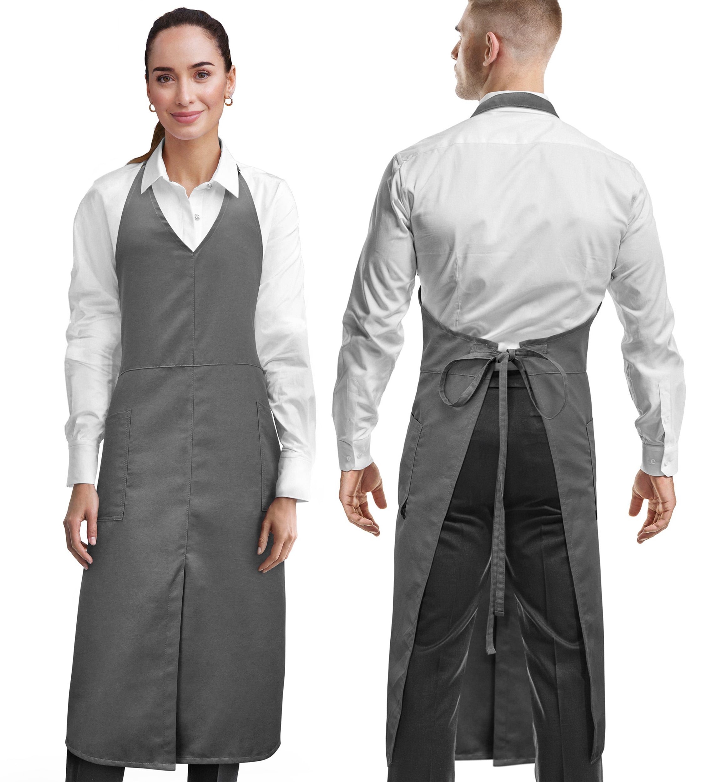 V Neck Long Apron - Front Slit, 2 Pockets, Waiter, Chef, Restaurant