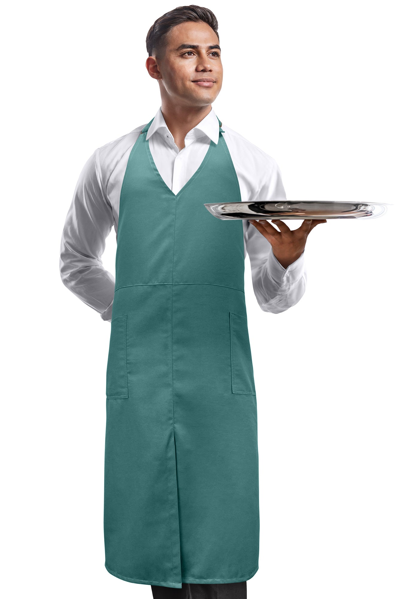 V Neck Long Apron - Front Slit, 2 Pockets, Waiter, Chef, Restaurant