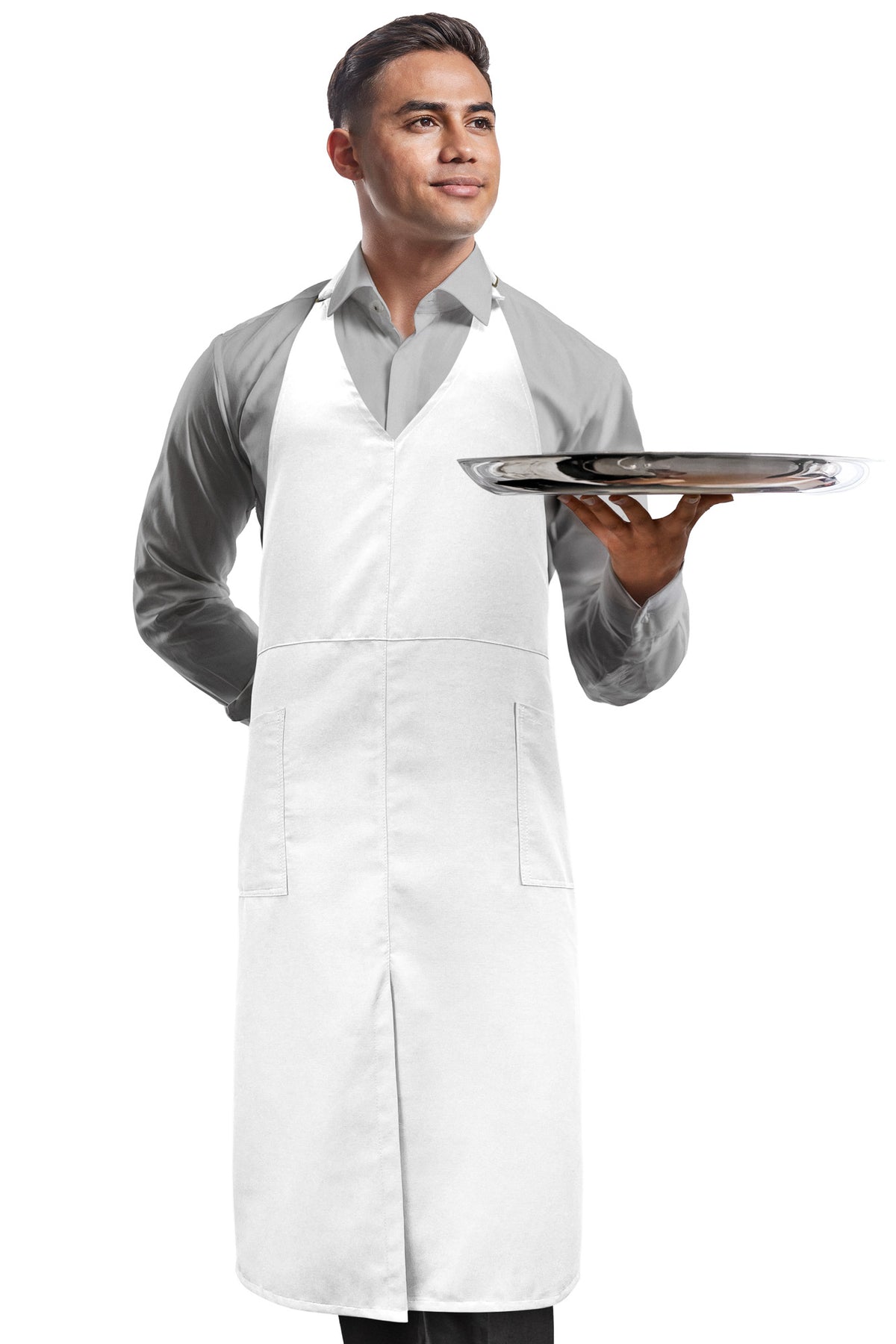 V Neck Long Apron Tuxedo Style - Front Slit, 2 Pockets - Server, Waiter, Chef, Bistrot, Restaurant -  Under NY Sky