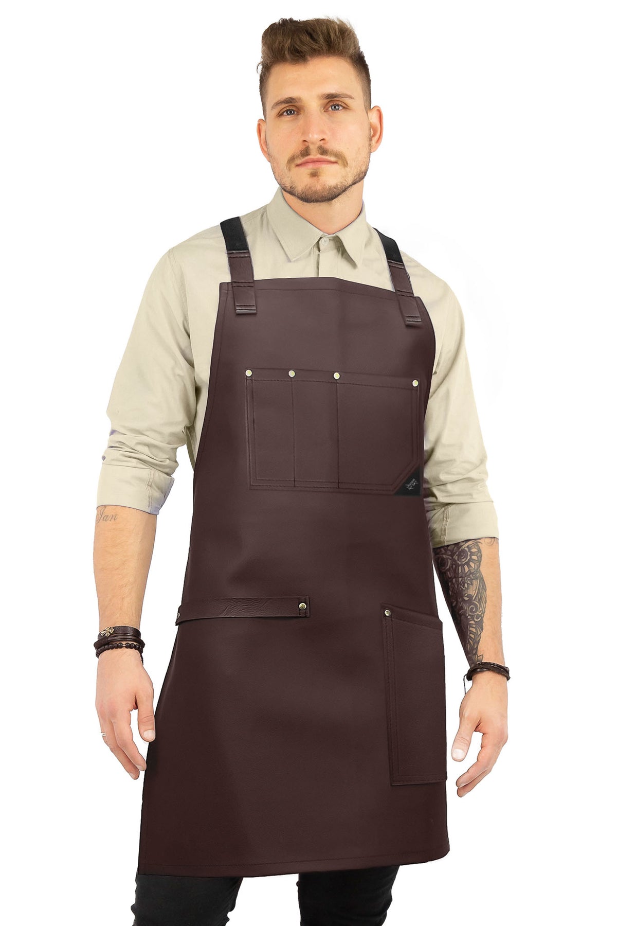 Leather Apron, Cross-back Straps, Reinforced, for Barbers - Vegan Leather - Black or Brown - Under NY Sky