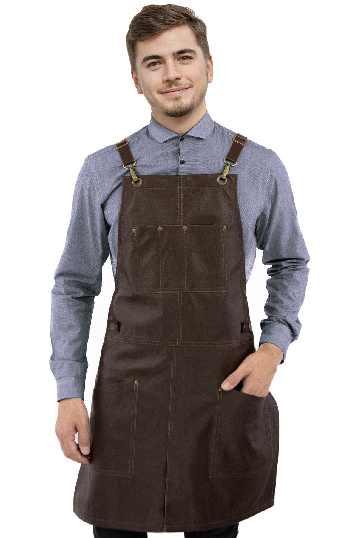 Leather Apron - Real Leather Body, Pockets &amp; Crossback Straps - Split-Leg, Riveted, Lined - Under NY Sky