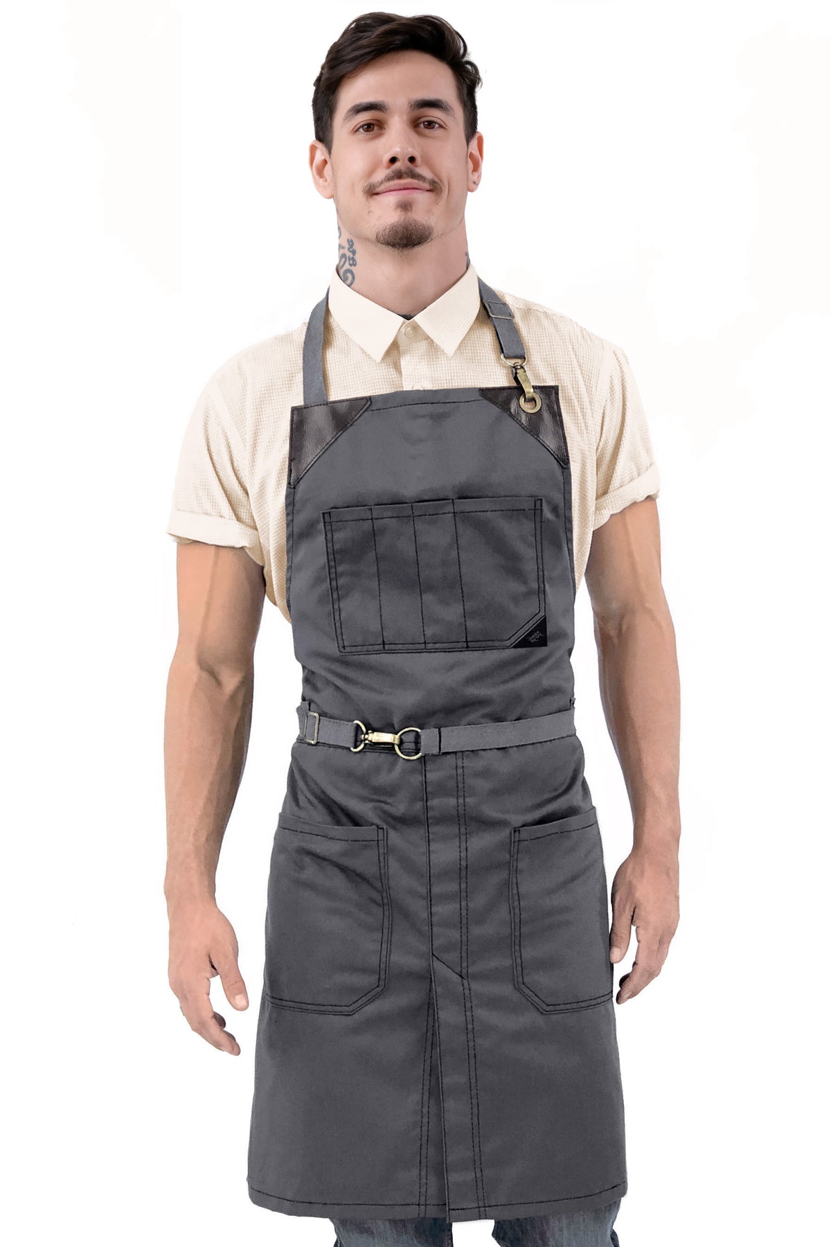 Chef Apron - Twill, No-Tie, Leather Trim, Split - Chef, Bartender, Barista, Grill, Shop - Under NY Sky