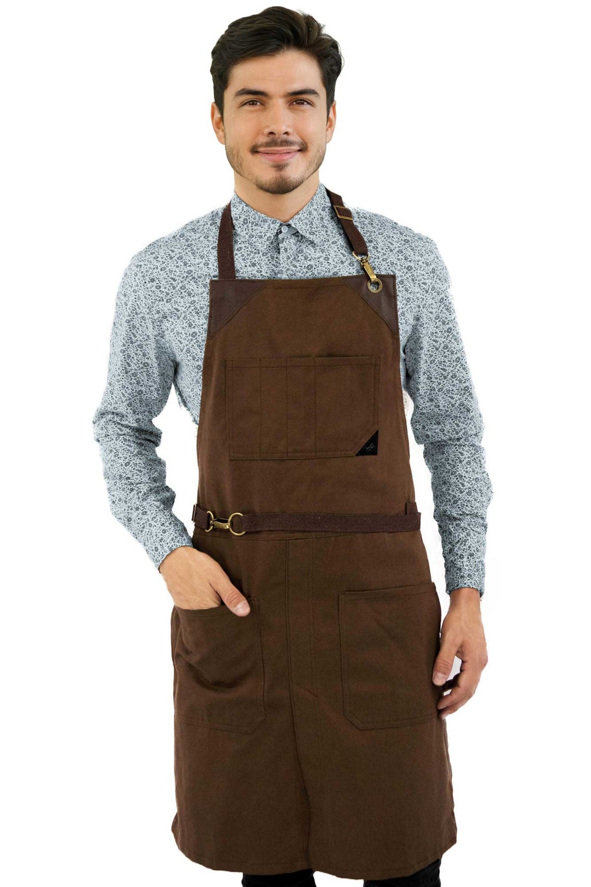 Chef Apron - Twill, No-Tie, Leather Trim, Split - Chef, Bartender, Barista, Grill, Shop - Under NY Sky