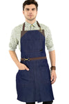 Denim Apron - Easy-Fastening, Leather Trim, Adjustable - Chef, Bartender, BBQ, Shop, Barber, Salon