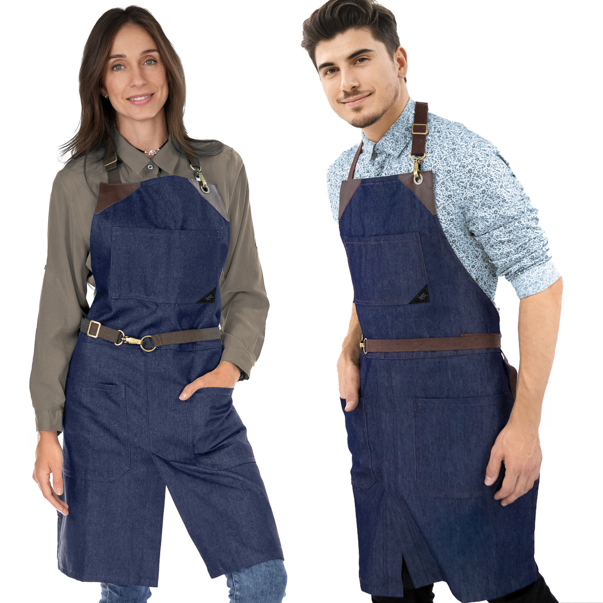 Denim Apron - Easy-Fastening, Leather Trim, Adjustable - Chef, Bartender, BBQ, Shop, Barber, Salon - Under NY Sky